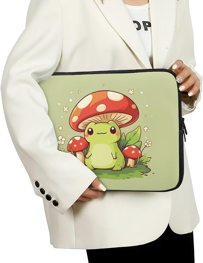 Mushroom Frog Laptop Sleeve for Women 13 inch Laptop Protector with Multiple Uses Computer Carrying Case Portable Tablet Bag Lap Top Case Cute Laptop Protector Green