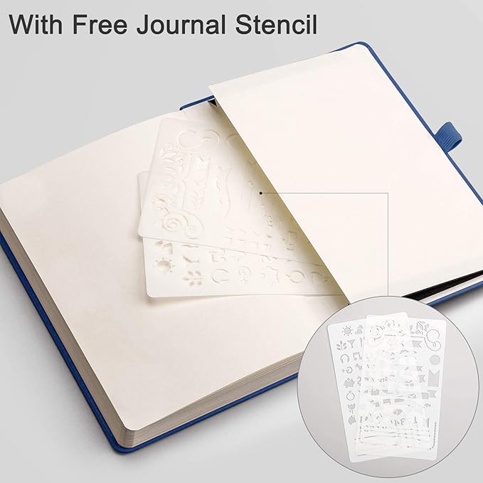 EMSHOI Dotted Journal - 256 Pages Bullet Dotted Notebook, 120gsm Thick Paper Dot Grid Notebook, A5 Hardcover Leather Journal with Stencils, 16 Perforated Pages, Pen Loop, Inner Pocket, 5.75" x 8.38"