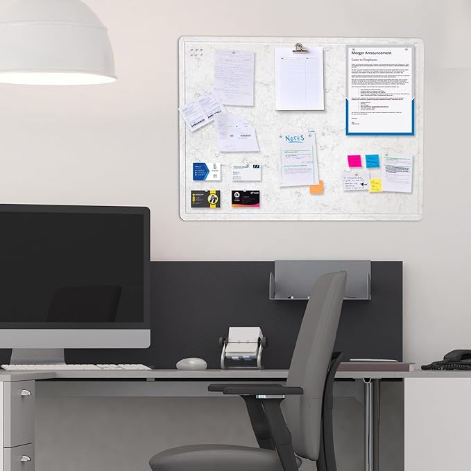 Bulletin Board, 24 x 18 inches Felt Board Decorative Pin Board, Cork Board Alternative for Wall, Foldable Photo Board Self-Adhesive Vision Board Mood Board with 20 Pushpins - Marble White