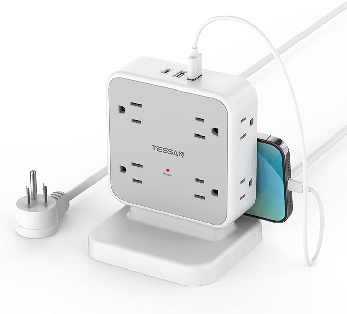 Power Strip Tower Surge Protector, TESSAN 8 AC Outlets with 3 USB (1 USB C Port), 5 FT Flat Plug Extension Cord with 900 Joules Protection, Desk Charging Station for Home Office Supplies, Dorm Room