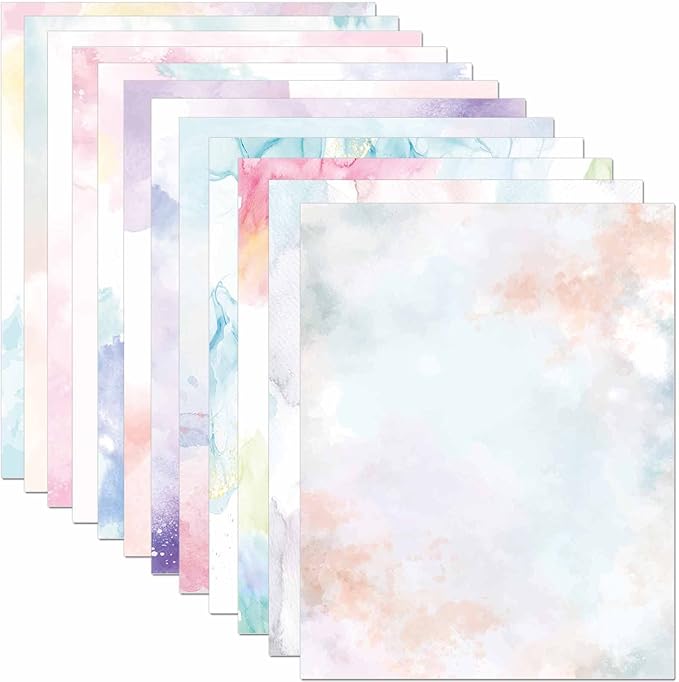DUGUTUL Watercolor Stationary Paper, 100 gsm Printer Paper 8.5 x 11, 12 designs, Double-Sided, Colored Paper for Writing Letters and Invitations, Writing Paper for Business or Personal Use (96)