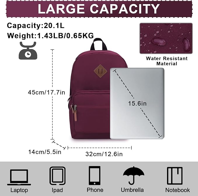 RAVUO Casual Backpack for Women, Water Resistant Classic Basic 15.6 inch Laptop Backpack Rucksack Travel Daypack Bookbag Burgundy