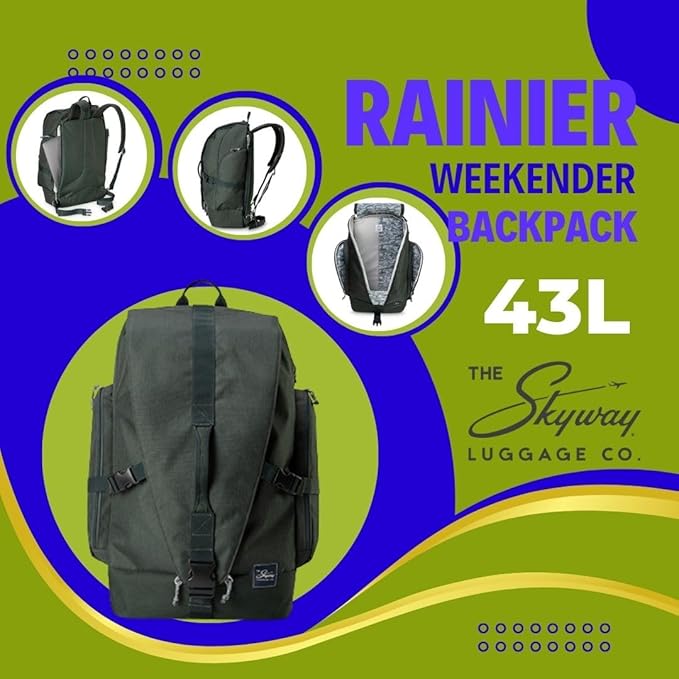 Skyway Luggage Rainier Weekender Backpack, Eco-Friendly, Made of 100% rPET Travel Laptop Bag for Women & Men, Flight Approved Carry On Bag, 43L, Olympic Green