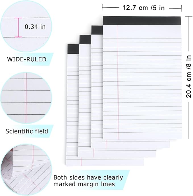 ZZTX Legal Pads Note Pads 5 x 8 Inch Lined Writing Pads, 50 Sheets Per Writing Pad, 4 Pack (White)
