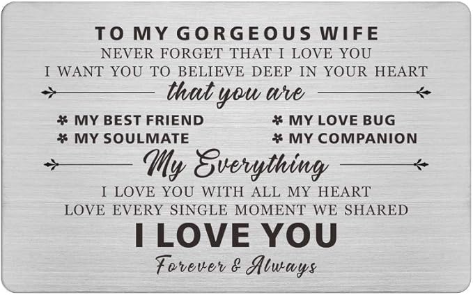 Resdink To My Gorgeous Wife Gifts, Engraved Wallet Cards for wife, Love Gifts for Wife, Anniversary Present Card for Wife Her, I Love You With All My Heart, Wife Gift from Husband