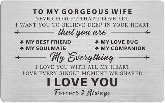 Resdink To My Gorgeous Wife Gifts, Engraved Wallet Cards for wife, Love Gifts for Wife, Anniversary Present Card for Wife Her, I Love You With All My Heart, Wife Gift from Husband
