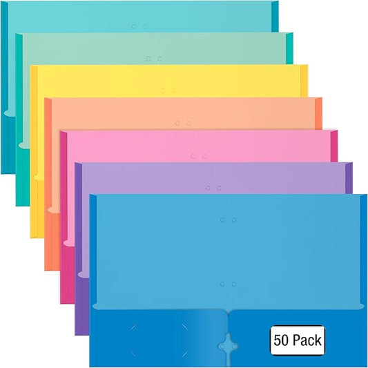 2 Pocket Folders, Assorted 7 Vibrant Colors with Complementing Interior Colors, Fits Letter Size Paper, for School, Office, Home (3 Hole Punched, 50)