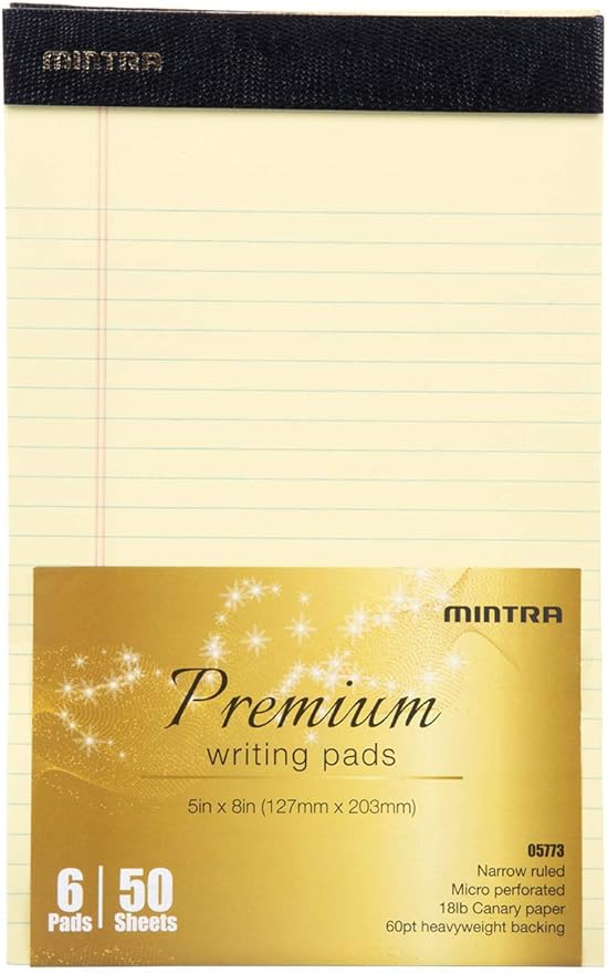 Mintra Office Legal Pads - ((PREMIUM CANARY 6pk, 5in x 8in, NARROW RULED)) - OVERSTOCKED - Heavyweight Paper, 50 Sheets per Notepad, Micro perforated Writing Pad, Notebook Paper for School, College, Office, Professional