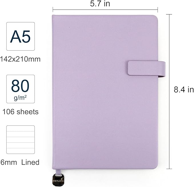 A5 Hard Cover Notebook with Pen Holder, Gold Edges & 180° Lay Flat - Large 5x8.25 Lined, Bookmark, Gift Box - Durable Journal for Office, Study, Travel - Writers, Students (Light Purple)