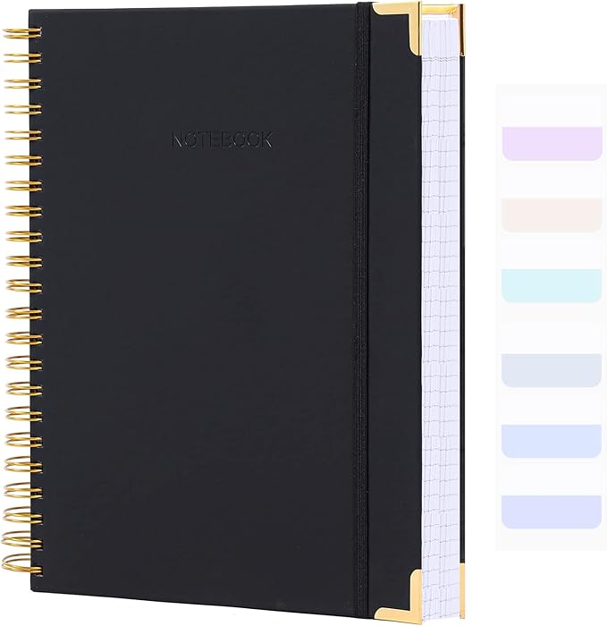 Spiral Notebook, College Ruled Notebook Journal, 8.5” x 11”, 300 Pages Leather Writing Journal for Women Men, A4 Hardcover Notebook for Work School, 24pcs Index Tabs, Black