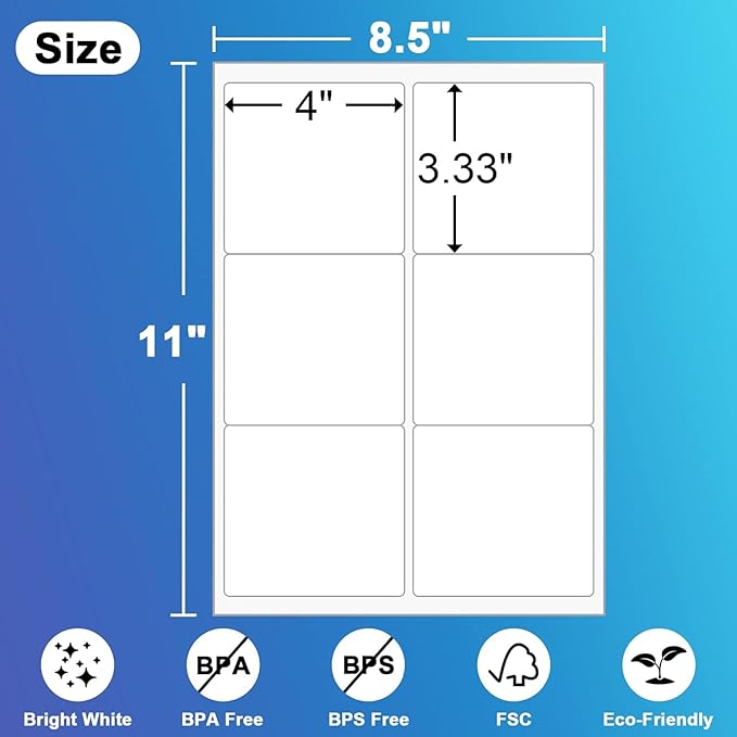 6 Up Shipping Address Labels, 3.33" X 4" (8164/5164) Address SKU Barcode Label for Inkjet/Laser Printer (4000 Sheet -24000 Labels)