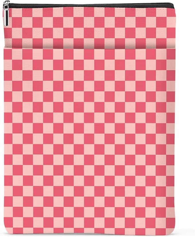 Pink Checkered Pattern Book Lovers Gifts Waterproof Book Sleeve Book Pouch Book Protector with Zipper & Front Pocket BookCover Case for Women Girl Readers Librarian Book Accessories Book Club Gifts
