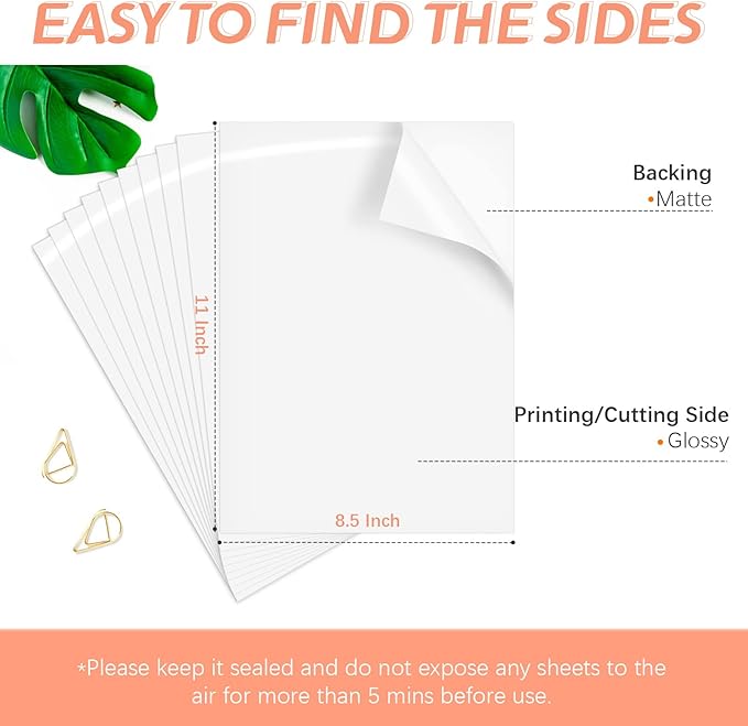 HTVRONT Printable Vinyl for Inkjet & Laser Printer - 10 Sheets 100 g Glossy White Printable Vinyl Sticker Paper Vivid Color Dries Quickly, 8.5"x11" Tear Resistant Printer Sticker Paper