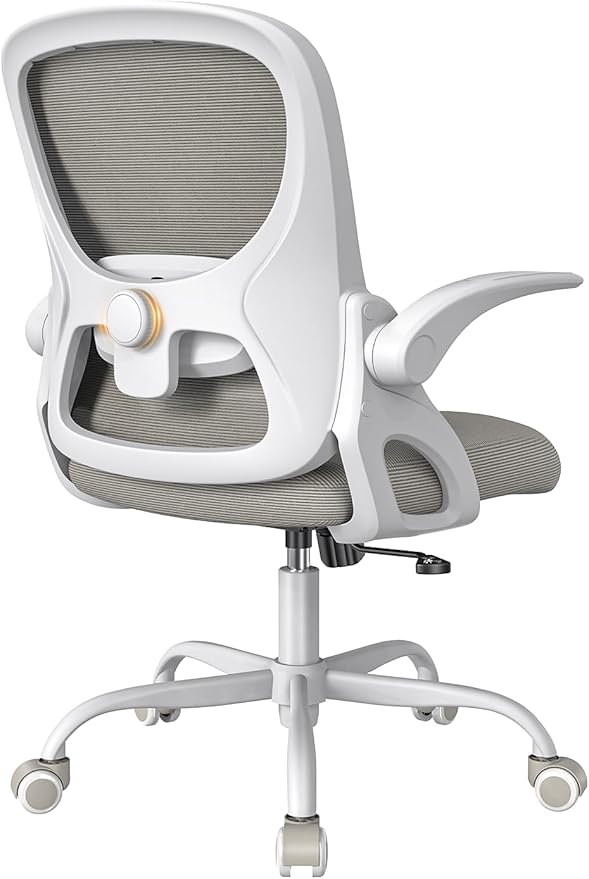 Mesh Office Chair Ergonomic Desk Chair with Up&Down Front&Rear 2 Dimensions Adjustable Lumbar Support and Flip-up Arm Rocking Comfy Swivel Computer Task Chair for Home Office(White-Gray)