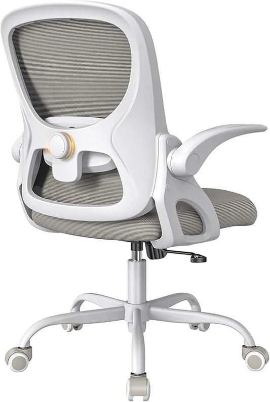 Mesh Office Chair Ergonomic Desk Chair with Up&Down Front&Rear 2 Dimensions Adjustable Lumbar Support and Flip-up Arm Rocking Comfy Swivel Computer Task Chair for Home Office(White-Gray)