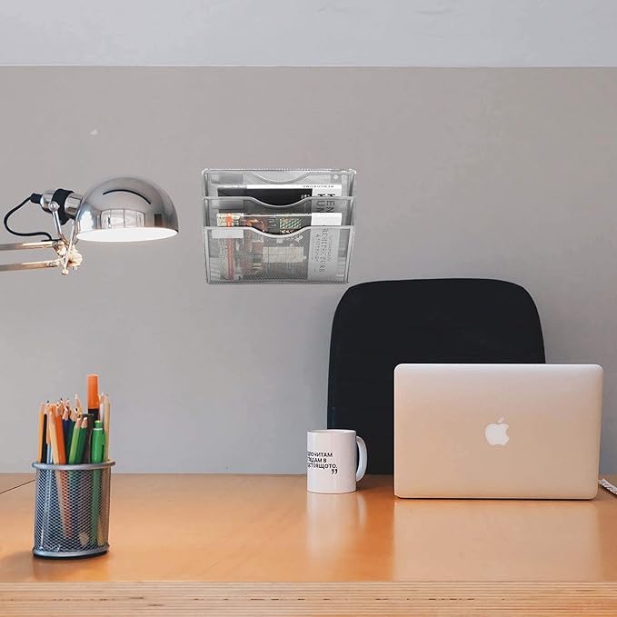 EASEPRES 3 Pocket Mesh Hanging Wall File Organizer, Wall Mounted Mail Paper Document Folder Holder, Clipboard Storage Organization Magazine Rack with Nametag Label for Office Home School, Silver