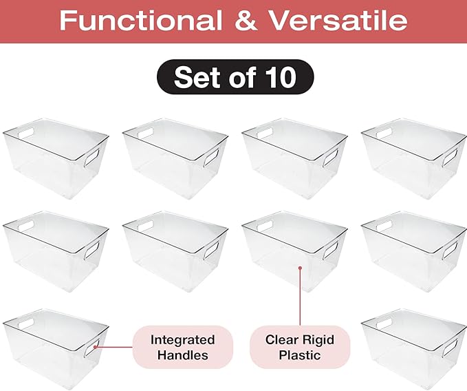 EXCELLO GLOBAL PRODUCTS 11.6" x 8.2" x 6.10" Rigid Plastic Clear Storage Bins for organizing and storing household goods, food, or Office supplies (Pack of 10)