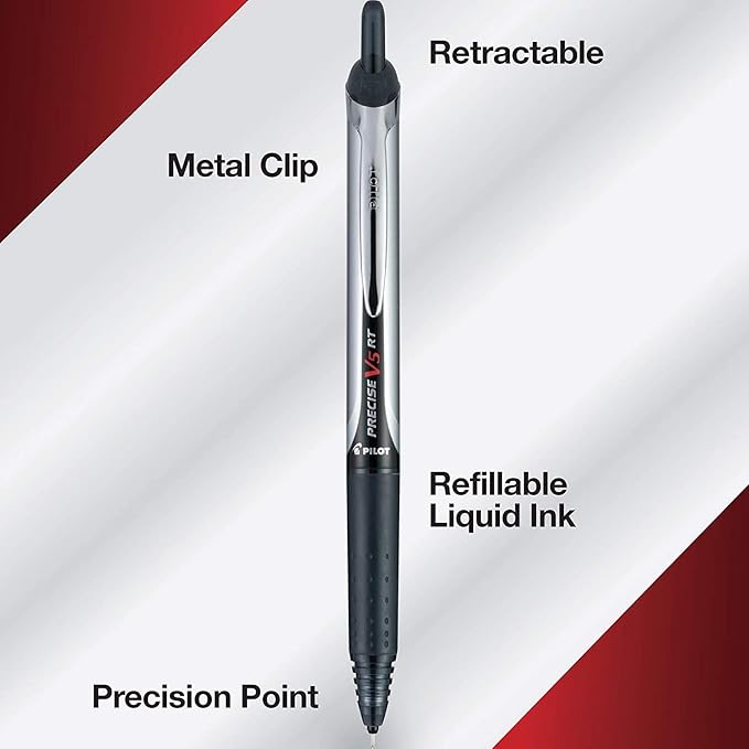 Pilot, Precise V5 RT Refillable & Retractable Rolling Ball Pens, Extra Fine Point 0.5 mm, Black, Pack of 12