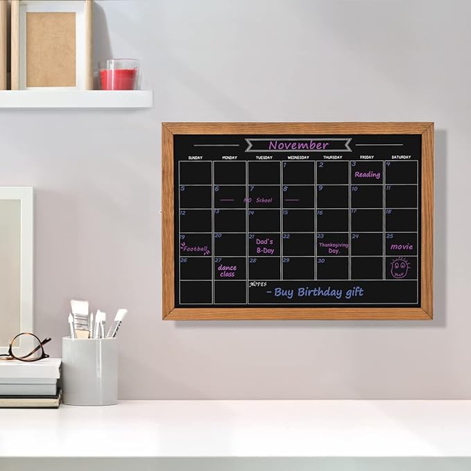 Calendar Chalkboard, 10.6" * 14.6", Magnetic Surface Rustic Brown Solid Pine Wood Frame Chalk Board for Planning/School Timetable/Memo, Hanging Board for Office, School and Home(YLHB-QZ-2737)