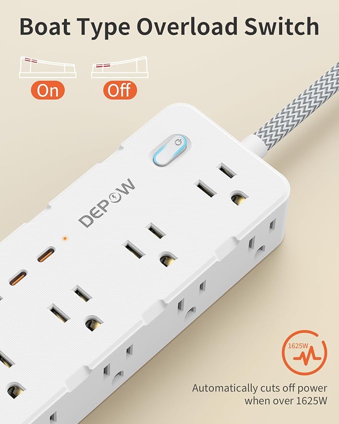 Power Strips with Surge Protection, 10 FT Braided Extension Cord with Multiple Outlets-8 AC Outlets 4 USB Ports (2 USB C), 1700 Joule Surge Protector with Flag Plug for Home Office, White