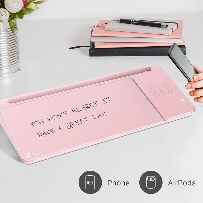 TOWON Desktop Glass Whiteboard with Charger Pad, Small Desk Whiteboard - Glass Dry Erase White Board- Desk Computer Buddy with Storage, Mirror and Charging Station, Pink, 17 x 6 in