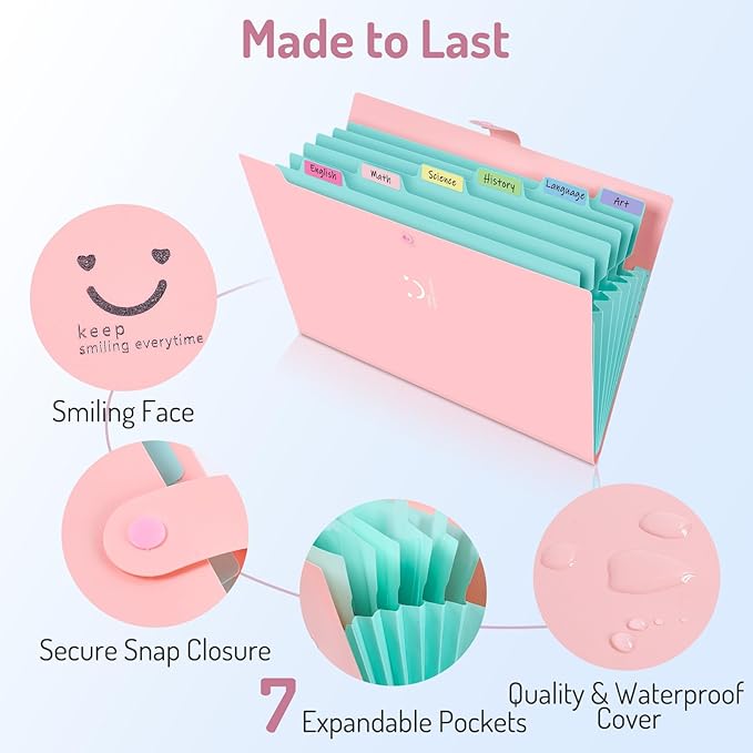 Forvencer Accordion File Organizer, Letter Size, 7 Pocket Expanding File Folder, Cute File Folder with Labels, Portable File Organizer for School Office Supplies, Folders for Documents, Purple