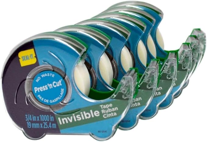 Invisible Stationery Tape 3/4 x 1000 Inches On Press N' Cut Dispenser, Pack of 6 Total 6000 Inches, White (62452)