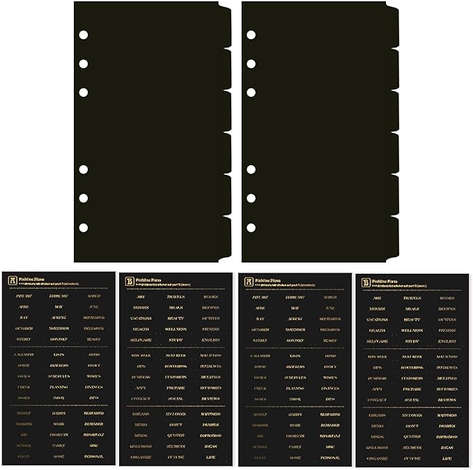 DY.2ten Black Binder Dividers for 6-Holes Ring Binder, 1/6 Cut Tabs, A6 Size, Sturdy Plastic Dividers with 6 Tabs for School Office Home, 2 Sets, 12 Dividers, 2 Tab Stickers.