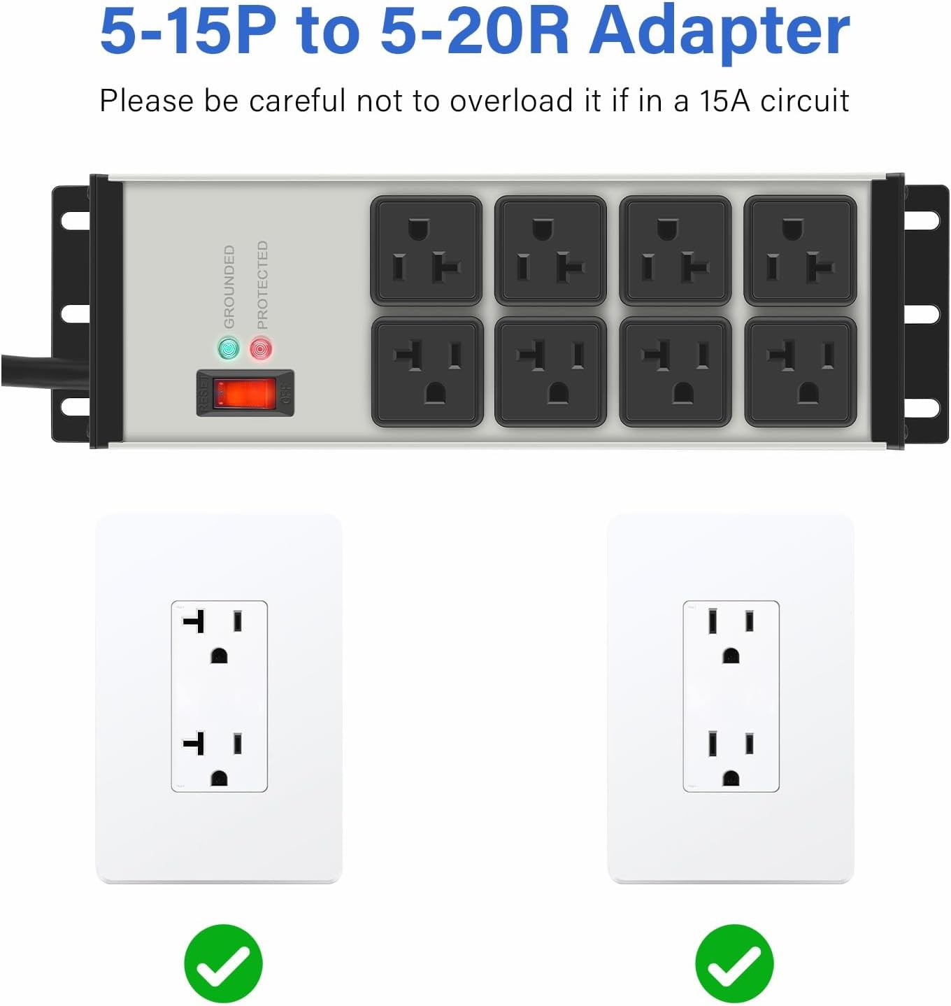 CCCEI Grey Heavy Duty Power Strip Surge Protector 20 AMP, 8 Outlets 12 Gauge Industrial Shop Garage Metal Multiple Outlets, 20 FT Extension Cord 5-15P Adapter High Amp 6-20R T-Slot 20a for Appliance