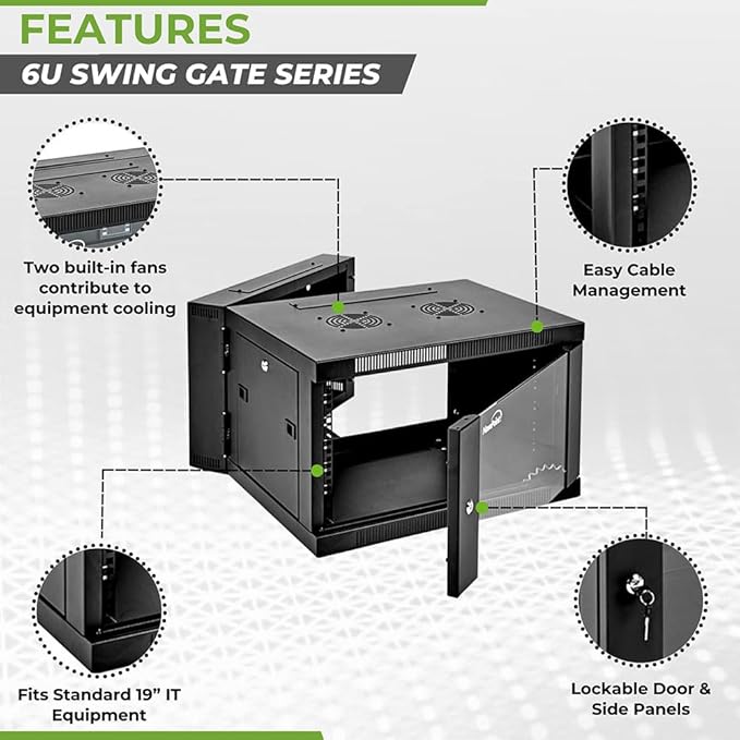 NavePoint 6U Server Cabinet with Hinged Back - 21.6” Deep, 6U Server Rack Enclosure with Locking Glass Door, Wall Mount Rack with Removable Side Panels, 6U Network Cabinet with 2 Fans, Pre-Assembled