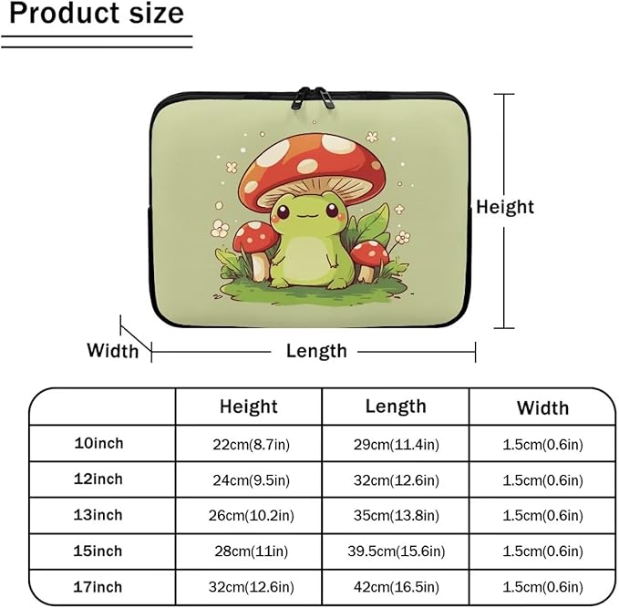 Mushroom Frog Laptop Sleeve for Women 12 inch Laptop Protector with Multiple Uses Computer Carrying Case Portable Tablet Bag Lap Top Case Cute Laptop Protector Green