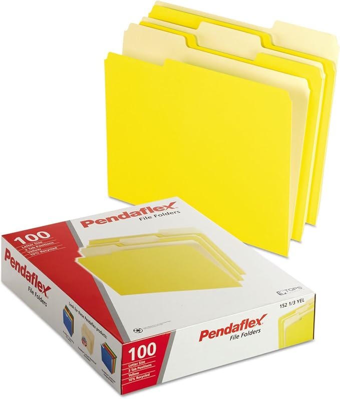 Pendaflex Two-Tone Color File Folders, Letter Size, Yellow, 1/3 Cut, 100 per box (152 1/3 YEL)
