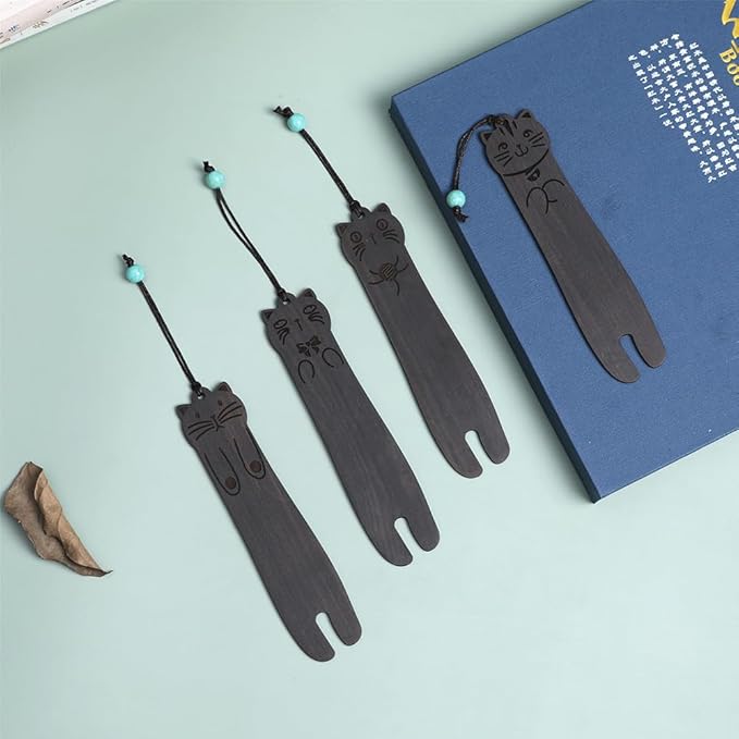 Wood Cat Bookmarks - Set of 4 Cute Bookmarks Aesthetic, Wooden Bookmarks Anime Cat Bookmark for Women Girl Kids, Kawaii Bookmark for Book Lover Cat Lover Friends Best Gifts (Black Sandalwood)