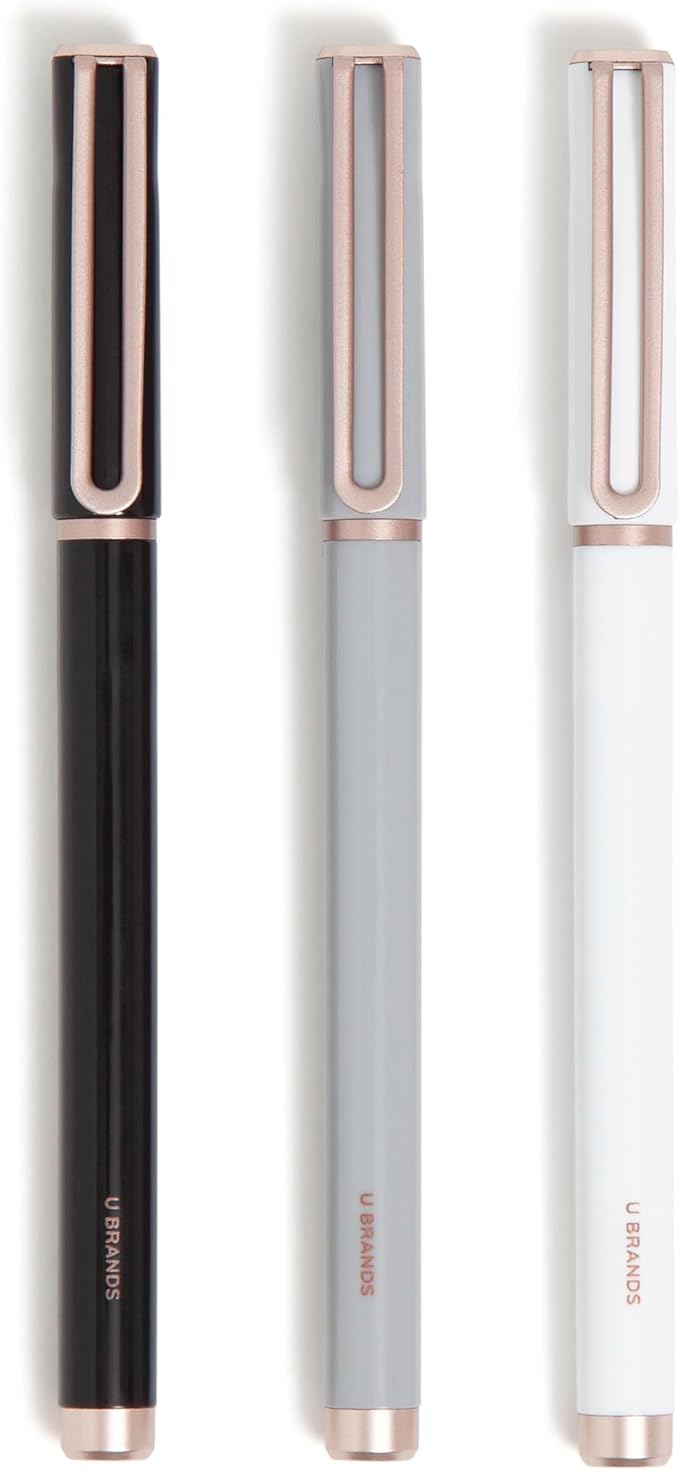 U Brands Catalina Felt Tip Pens, Set of 3, Classic Designs with Rose Gold Hardware, Medium (0.7 mm) Point, Black Ink