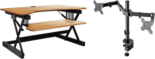 Rocelco 40" Large Height Adjustable Standing Desk Converter with Dual Monitor Mount BUNDLE - Quick Sit Stand Up Computer Workstation Riser - Retractable Keyboard Tray - Teak Wood Grain (R DADRT-40-DM2)