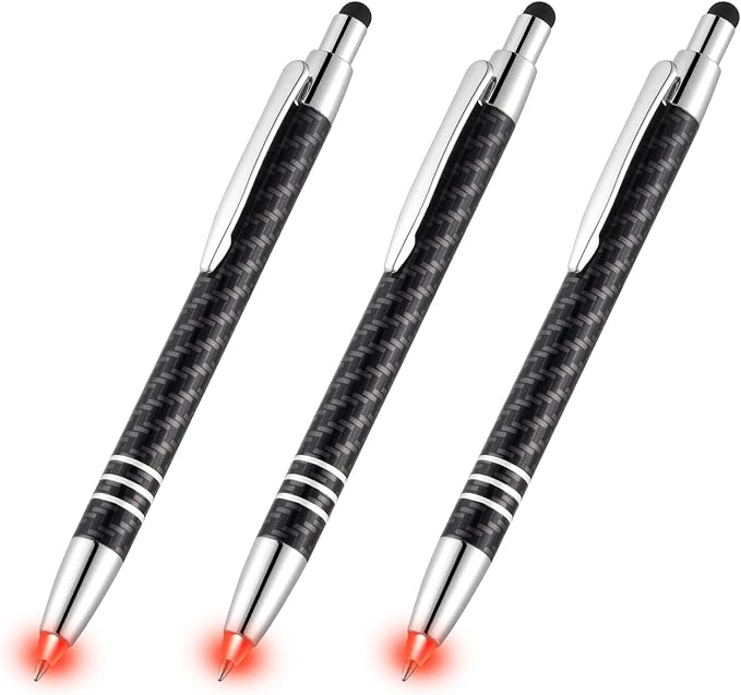 Glovion Lighted Tip Pen with Stylus 3-in-1 - LED Penlight Light Up Pen Light Ballpoint Pen with Light for Writing in the Dark - Pack of 3 - Red Light - GL006