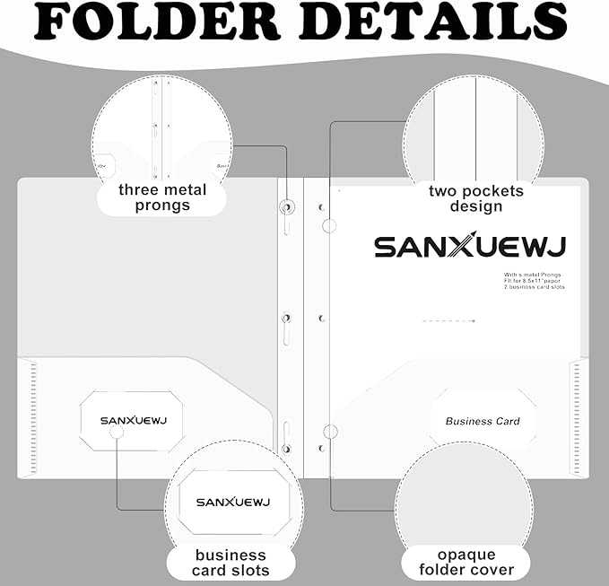 Folders with Pockets,SANXUEWJ 30 Pack Two Pocket Folders Business Card Holder Plastic Folders with Prongs for School Office Filing Cabinet Resume Portfolio (White)