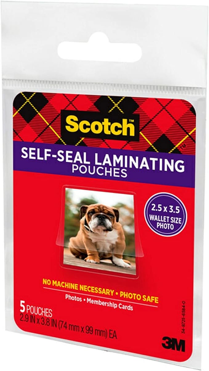 Scotch Self-Sealing Laminating Pouches, Wallet Photo Size, Glossy Finish, 2 1/2 in. x 3 1/2 in., 5 Pouches