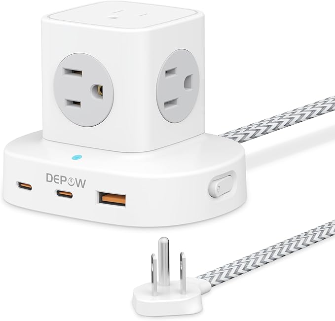 Power Strip Tower with USB-C, Small Surge Protector (1700J), 5 FT Extension Cord with 5 AC Outlet 3 USB Ports(2 USB C), Travel Charging Station with Overload Protection for Office, Dorm, Hotel