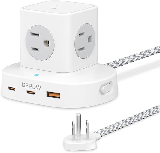 Power Strip Tower with USB-C, Small Surge Protector (1700J), 5 FT Extension Cord with 5 AC Outlet 3 USB Ports(2 USB C), Travel Charging Station with Overload Protection for Office, Dorm, Hotel
