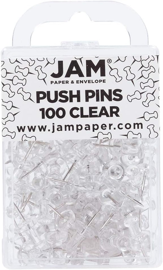 JAM PAPER Colorful Push Pins - Clear PushPins - 100/Pack