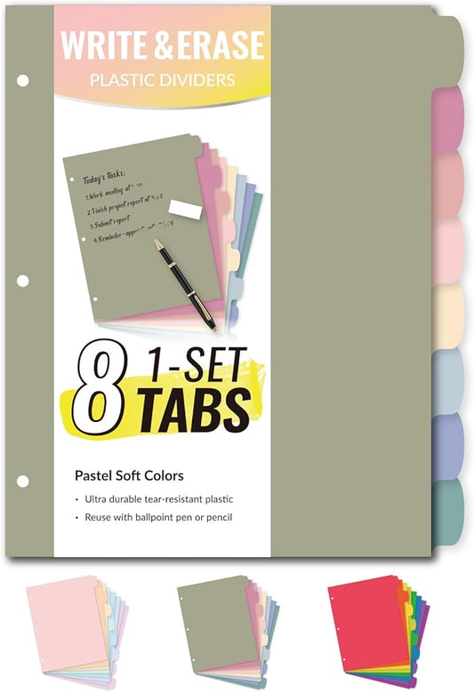 Sooez 8-Tab Durable Plastic Write & Erase Big Tab Dividers for 3 Ring Binder, Aesthetic Cute Pastel Binder Dividers for Student, Teacher, Office, Home Organizers, 1 Sets, Morandi