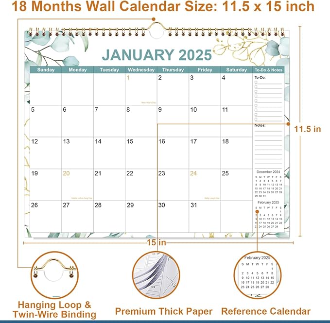 2025 Calendar - Calendar 2025-2026 from January 2025 - June 2026, 18 Months Calendar with Premium Paper, Twin-Wire Binding & Hanging Hook, 12" x 14.5", Green Leaf