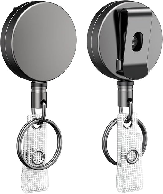Uniclife 2 Pack Metal Retractable Keychain Heavy Duty Retractable Badge Reel for Badge Holder All Metal Casing with Stainless Steel Spring Coil 27.5 Inch Nylon Rope Belt Clip and Key Ring