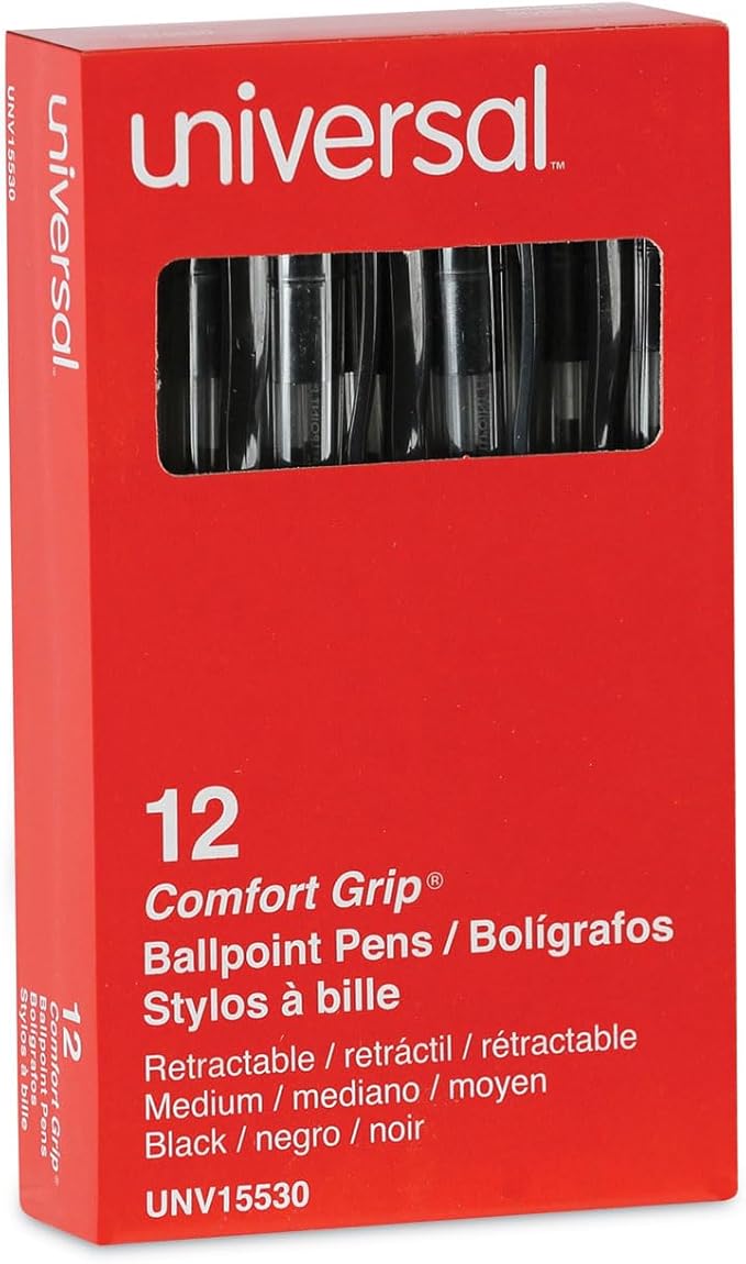 Universal UNV15530 1 mm Comfort Grip Retractable Ballpoint Pens - Medium, Black (1 Dozen)