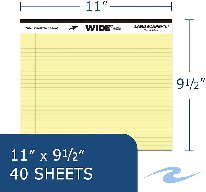 Roaring Spring Wide Recycled Landscape Legal Pads, College Rule, 11" x 9.5", 40 Sheets, Canary, 2 Pack, Made in USA