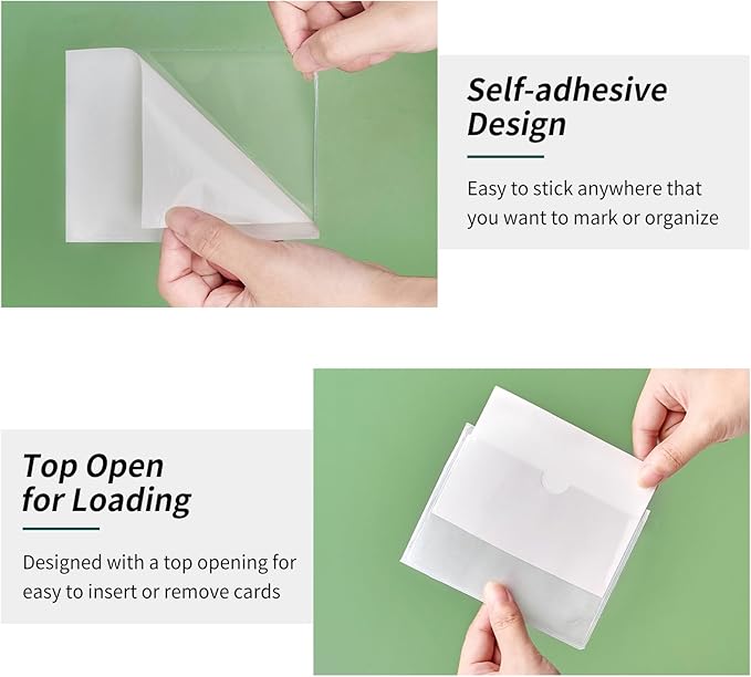 52 Pack Index Card Pockets with Top Open, 4.5 x 3 Inch Adhesive Label Pockets Clear Plastic Index Card Holder for Organizing, Storage Bins, Library Cards, Notes