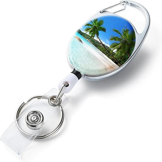 Coconut Tree Retractable Badge Holders - Double Sided Color Print Pattern, with Retractable Keychain, Badge Clip and Key Ring, Durable Nylon Rope