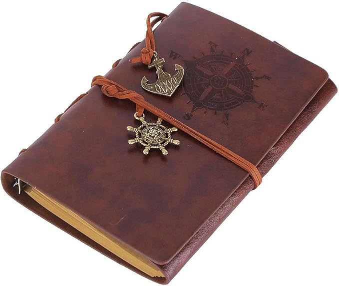 EvZ Leather Writing Journal Notebook, 7 Inches Vintage Nautical Spiral Blank String Diary Notepad Sketchbook Travel to Write in, Unlined Paper, Retro Pendants, Classic Embossed, Retro Coffee