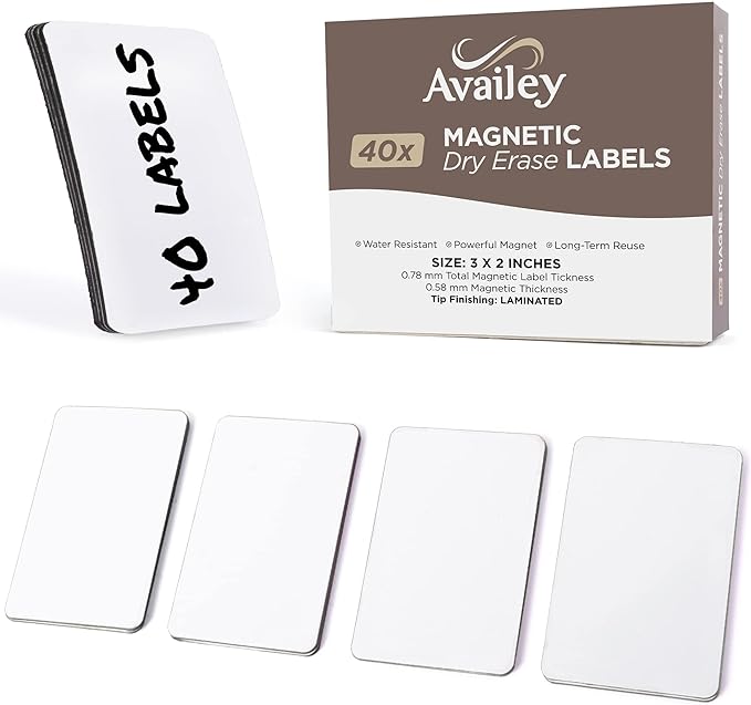 Availey 40 Pieces (3 x 2") - White Magnetic Dry Erase Labels - Reusable Strips for Classroom Home Office Garage - Refrigerator Blank Writable Erasable Cards - Name Tags Students Locker Shelf